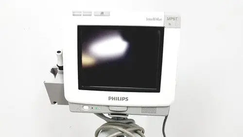 White philips intellivue mp5t healthcare monitor with black screen and silver accents for clinical use