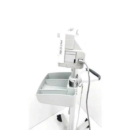 White philips intellivue mp5t patient monitor with tray and wheels featuring a sleek modern design for healthcare use