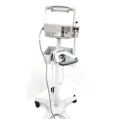 White philips intellivue mp5t patient monitor mounted on wheeled cart with gray handle and cable trays for healthcare use