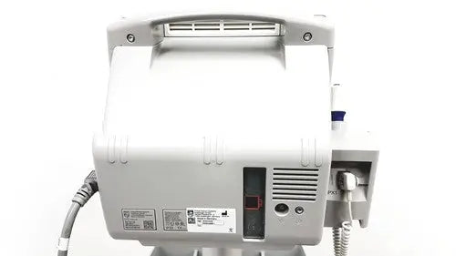 Gray philips intellivue mp5t patient monitor back side with handle ventilation slits and multiple ports for healthcare use