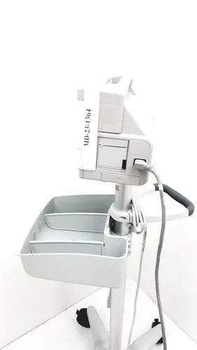 White philips intellivue mp5t patient monitor with tray and wheels featuring a sleek modern design for healthcare use