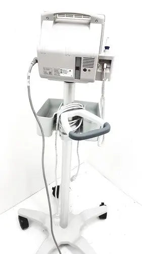 White philips intellivue mp5t patient monitor mounted on wheeled cart with gray handle and cable trays for healthcare use