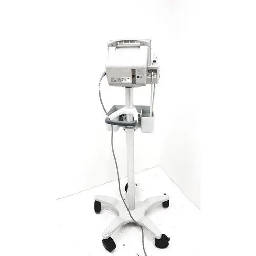 White philips intellivue mp5t patient monitor mounted on wheeled stand with gray accents and multiple cables