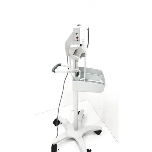 White philips intellivue mp5t patient monitor cart with adjustable monitor and tray on star-shaped base with black casters