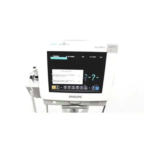 White philips intellivue mp5t patient monitor with touchscreen display showing diagnostic data and interface elements