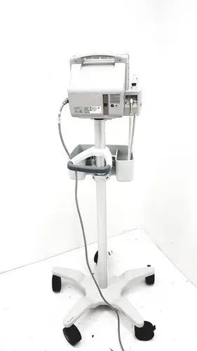White philips intellivue mp5t patient monitor mounted on wheeled stand with gray accents and multiple cables