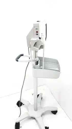 White philips intellivue mp5t patient monitor cart with adjustable monitor and tray on star-shaped base with black casters