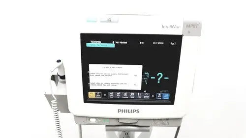 White philips intellivue mp5t patient monitor with touchscreen display showing diagnostic data and interface elements