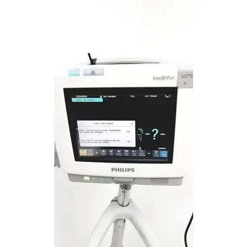 White philips intellivue mp5t patient monitor with touchscreen displaying medical data on a rolling stand