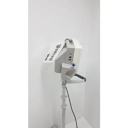 White philips intellivue mp5t patient monitor with digital display and control panel on adjustable rolling stand
