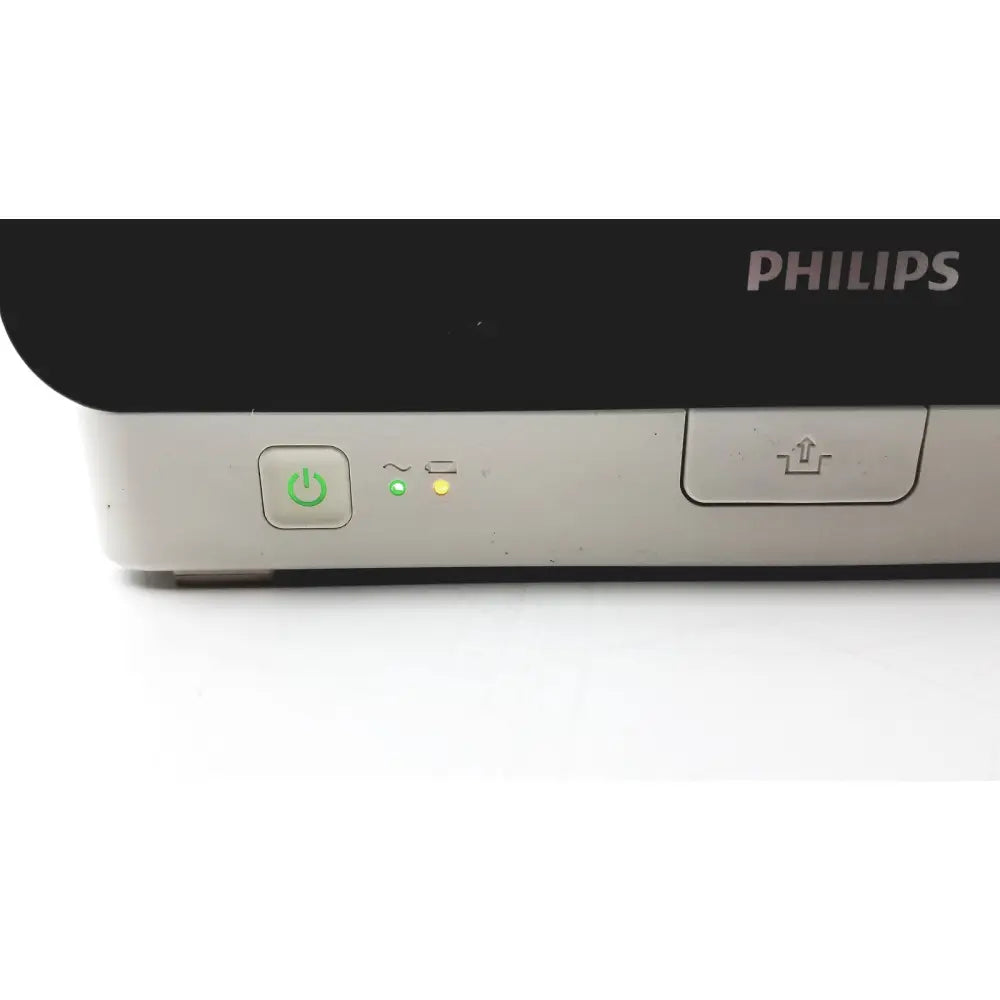 Philips intellivue mx400 patient monitor with silver front panel featuring power and upload buttons and indicator lights
