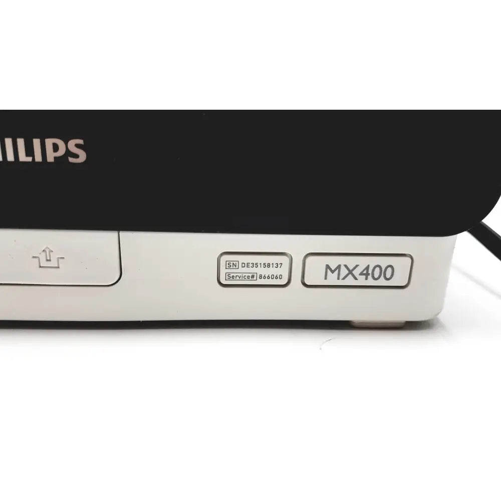 Philips IntelliVue MX400 patient monitor in white and black with sleek minimalist design for medical use