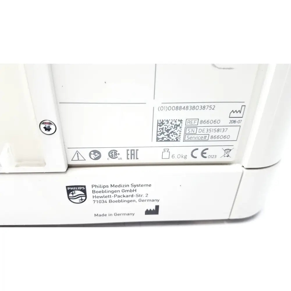 White philips intellivue mx400 patient monitor backside showing serial number and manufacturer details label