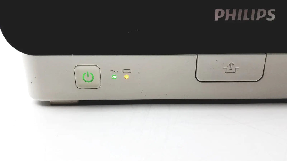 Philips intellivue mx400 patient monitor with silver front panel featuring power and upload buttons and indicator lights