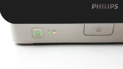 Philips intellivue mx400 patient monitor with silver front panel featuring power and upload buttons and indicator lights