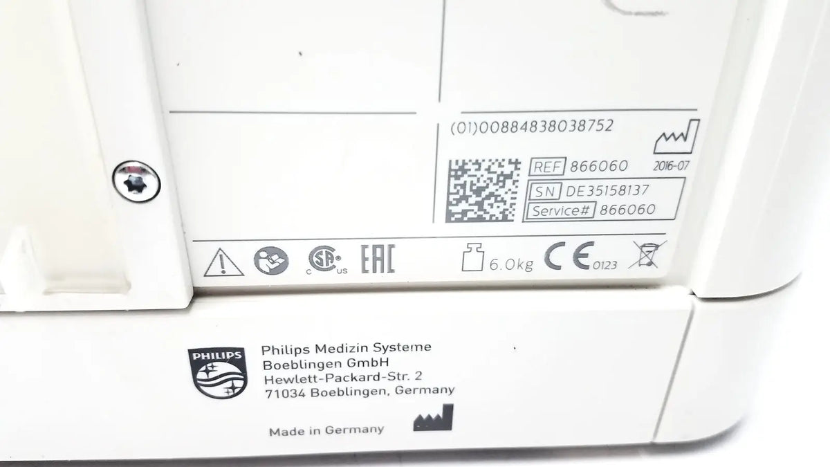 White philips intellivue mx400 patient monitor backside showing serial number and manufacturer details label