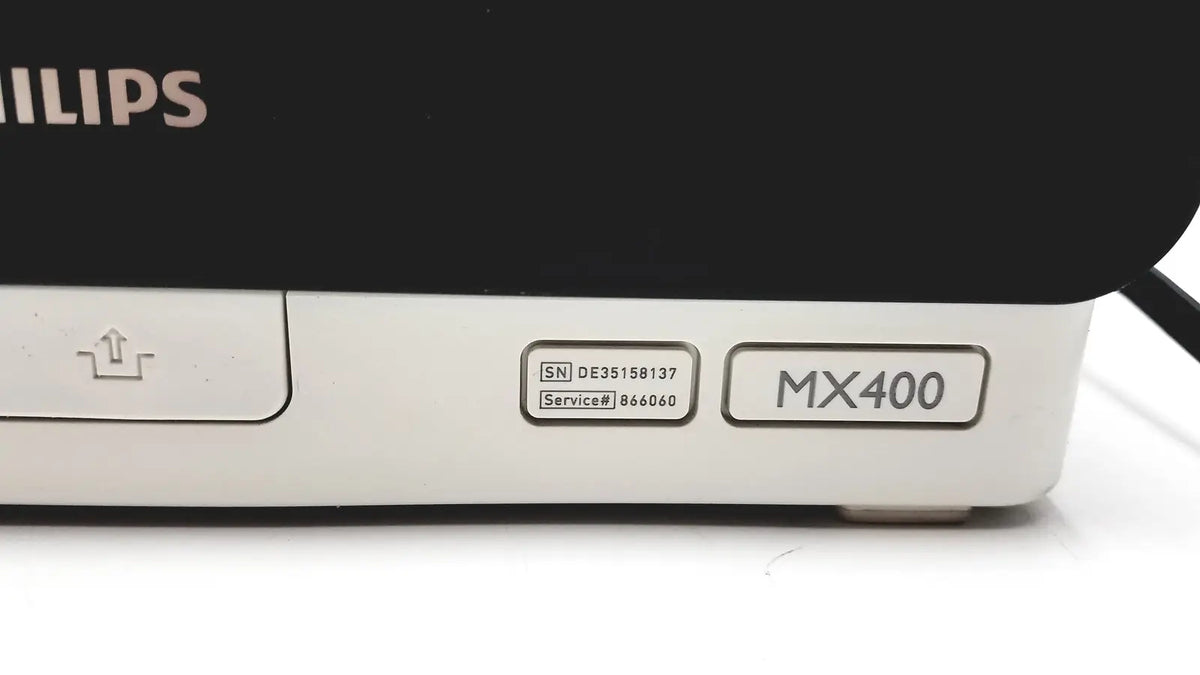 Philips IntelliVue MX400 patient monitor in white and black with sleek minimalist design for medical use