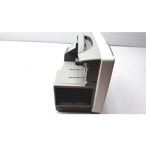 Gray plastic cash counting machine with black display and metallic accents featured alongside philips intellivue patient monitor