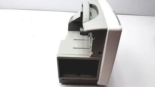 Gray plastic cash counting machine with black display and metallic accents featured alongside philips intellivue patient monitor