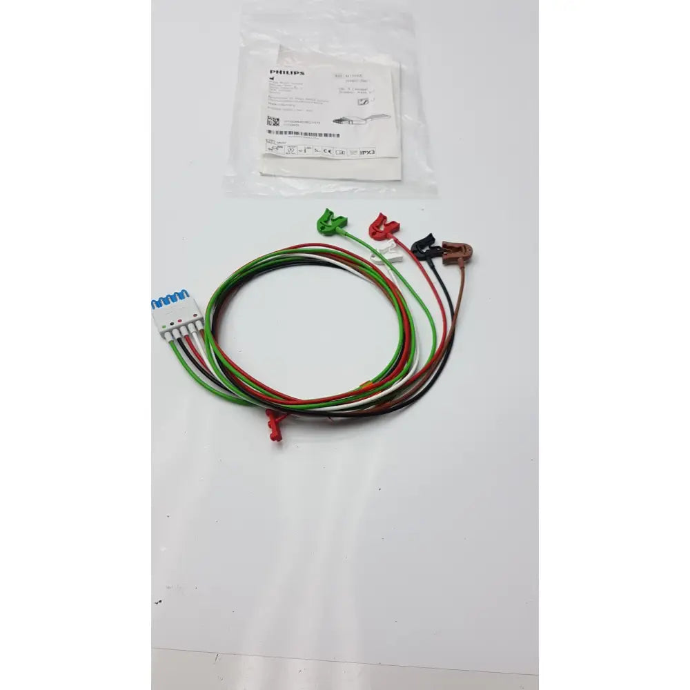 Philips intellivue reusable ecg lead sets and trunk cables m1968a with green red black and brown insulated wires and connectors
