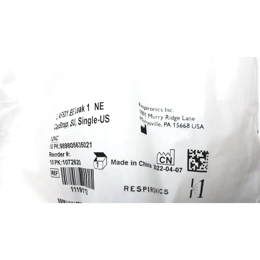 White plastic packaging for philips l af531 ee leak single-us ref respiratory device capstrap strap