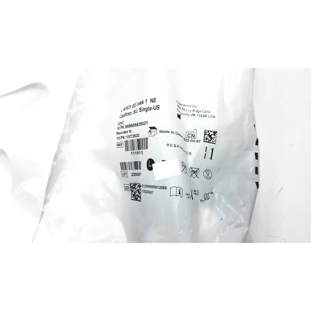 White plastic bag showing product information and barcode for philips l af531 ee leak single-us ref capstrap packaging back side