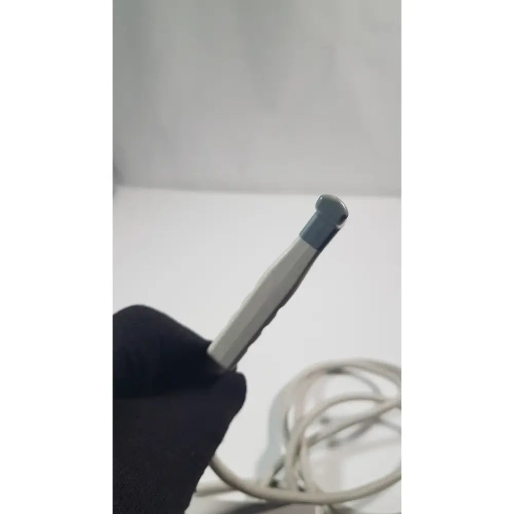 Philips l15-7io linear array ultrasound transducer probe with silver and gray metallic stylus and textured rounded tip