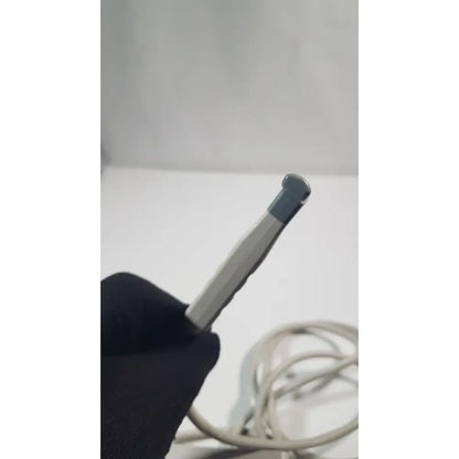 Philips l15-7io linear array ultrasound transducer probe with silver and gray metallic stylus and textured rounded tip