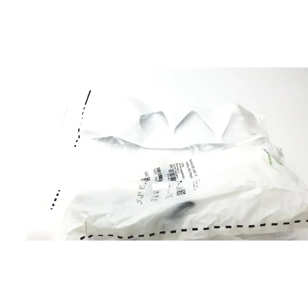 White plastic bag with black dashed stitching and printed labels for philips m af531 ee leak reuse medical cap strap single-us
