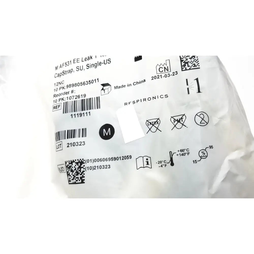 White plastic packaging of philips m af531 ee leak capstrap with printed labels and barcodes for reuse medical use