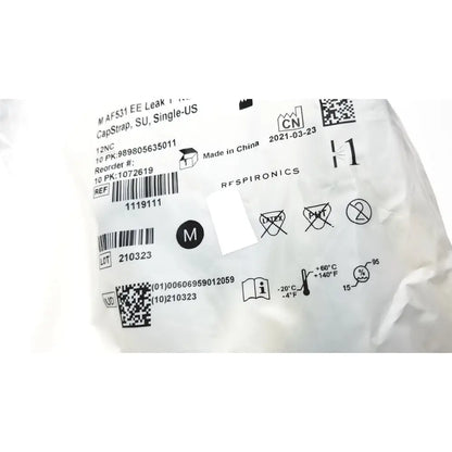 White plastic packaging of philips m af531 ee leak capstrap with printed labels and barcodes for reuse medical use