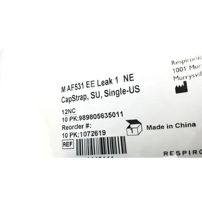 White label with black text and barcode on the back of philips m af531 ee leak medical cap strap for reuse medical use