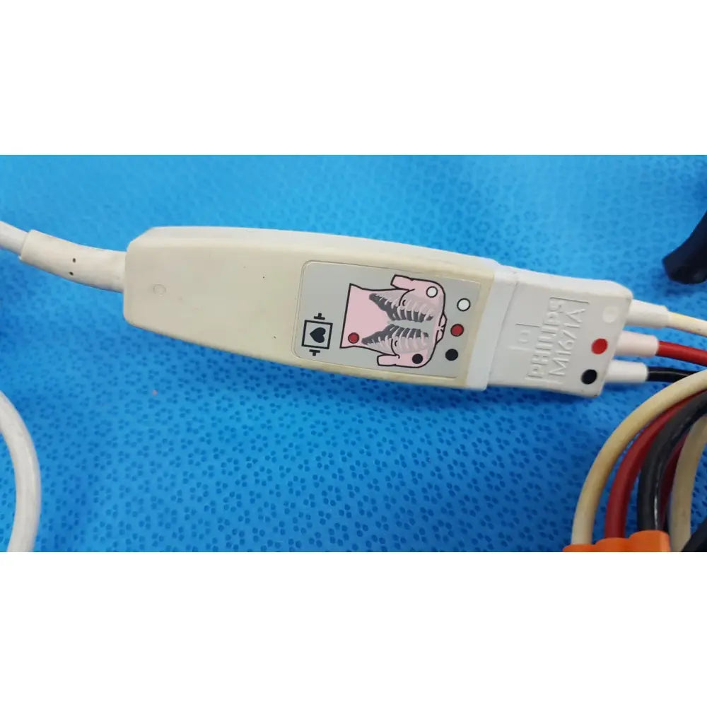White plastic Philips M1671A 3-lead ECG leadset with cartoon pig and red black indicator lights for ICU patient monitoring