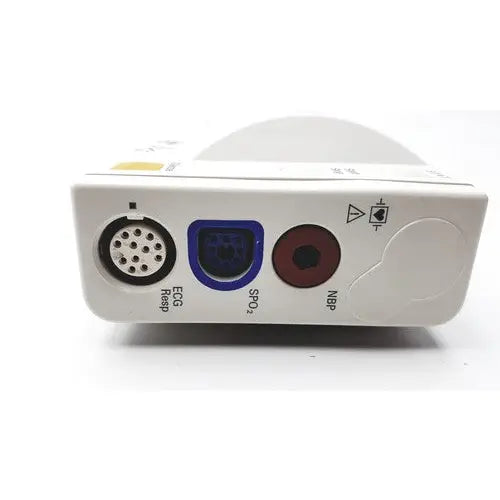 White philips m3001a a03 module medical monitor with black ecg resp port, blue spo2 port, and red nbp port on back side