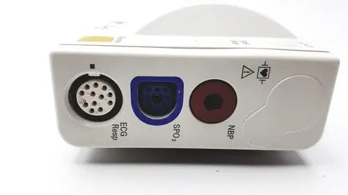 White philips m3001a a03 module medical monitor with black ecg resp port, blue spo2 port, and red nbp port on back side