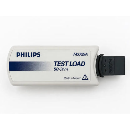 White Philips M3725A 50 ohm test load with black connector labeled test load 50 ohm made in Mexico for defibrillator testing