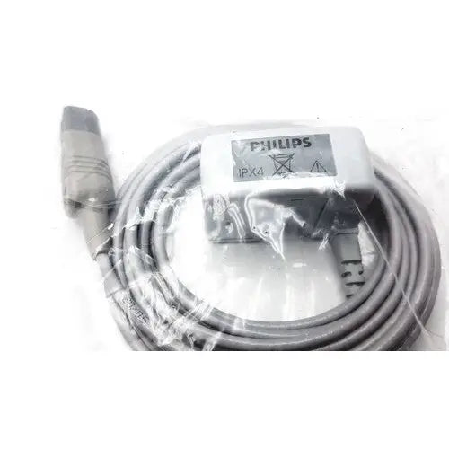 Gray Philips mainstream EtCO2 sensor cable with coiled gray connector and black plug in clear plastic packaging