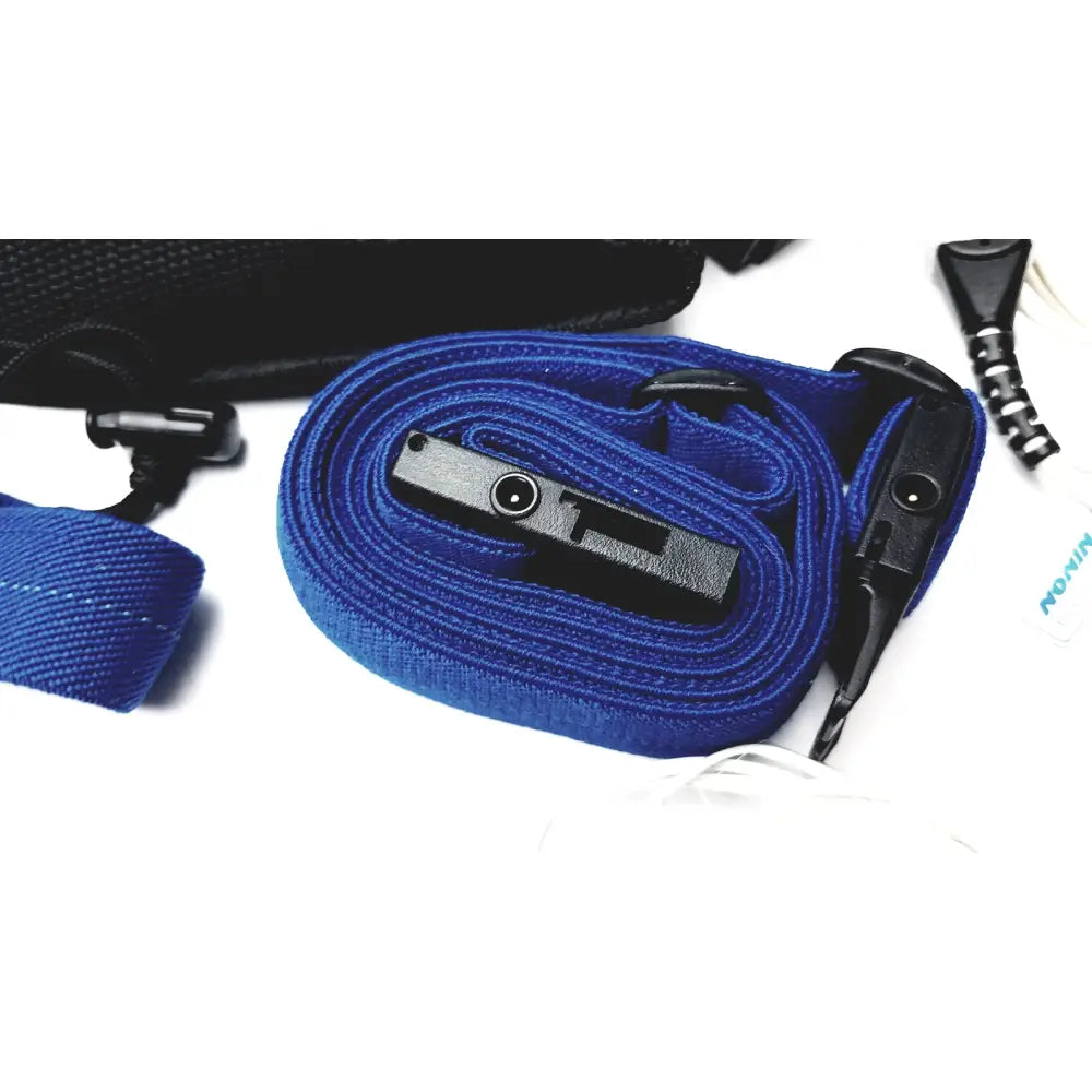 Blue nylon strap with black plastic buckle and adjustment mechanism for Philips Respiironics Alice PDx portable sleep diagnostic system