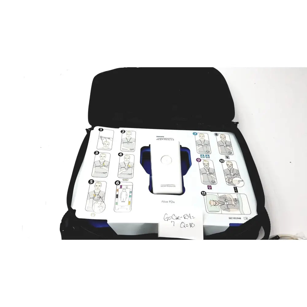 White philips respiironics alice pdx portable oxygen concentrator in black carrying case with instructional diagrams