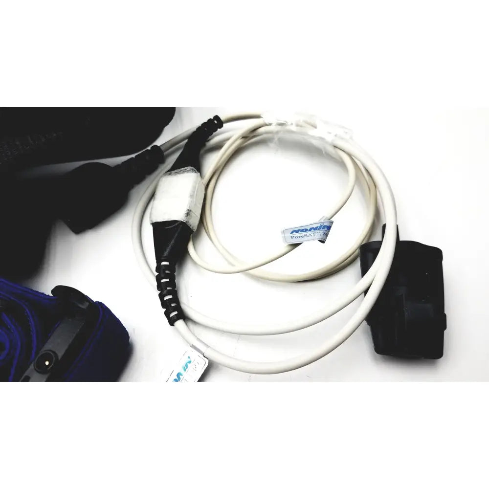 White coiled cable with black connectors and nonin label for philips respiironics alice pdx portable sleep diagnostic system accessory