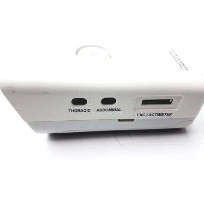 White plastic Philips Respiironics Alice PDx portable sleep diagnostic system with labeled thoracic and abdominal sensors