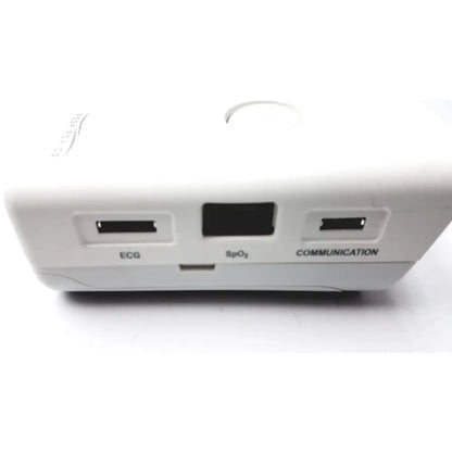 White philips respiironics alice pdx portable sleep diagnostic system back with three ports labeled ecg spo2 communication