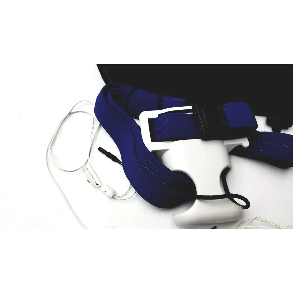 Blue fabric strap with white plastic buckle and black adjustment piece for philips respiironics alice pdx portable system accessories