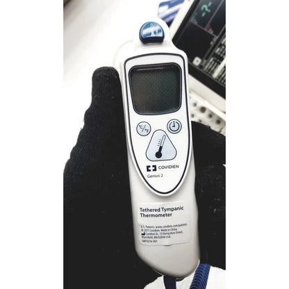 White plastic coviden genius 2 tethered tympanic thermometer with blue sensor tip for philips suresigns vs4 vital signs monitor