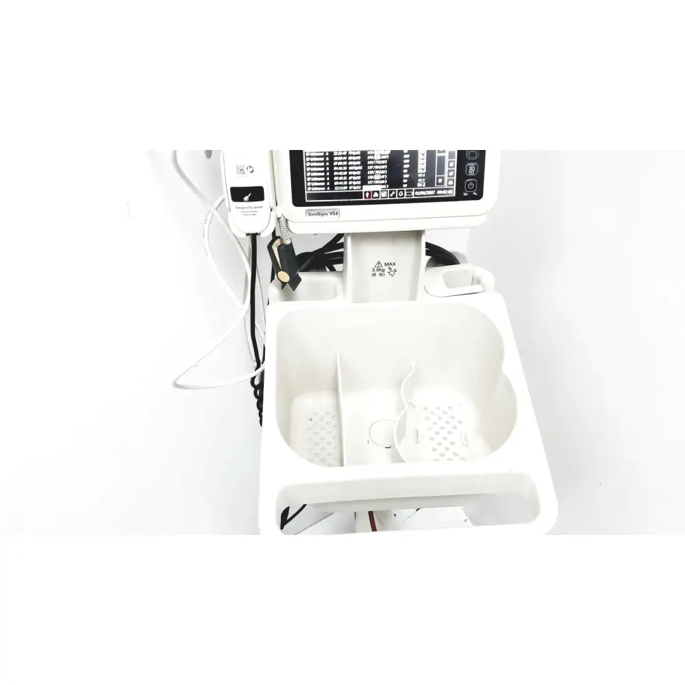White Philips SureSigns VS4 medical cart with digital display and multiple storage compartments for vital signs monitoring