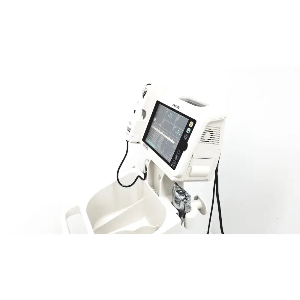 White philips suresigns vs4 medical monitor with touchscreen displaying ecg readings on adjustable rolling stand