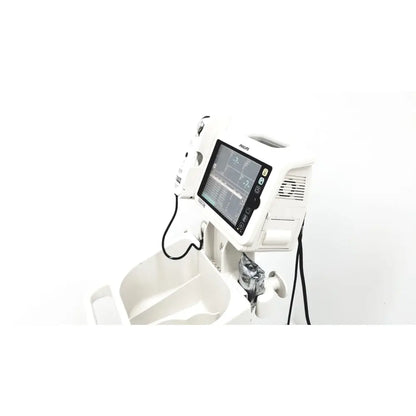 White philips suresigns vs4 medical monitor with touchscreen displaying ecg readings on adjustable rolling stand