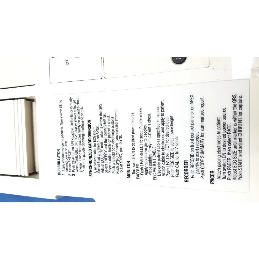 A white paper manual with black text detailing instructions for physio control lifepak 10 cardiac monitor medical equipment