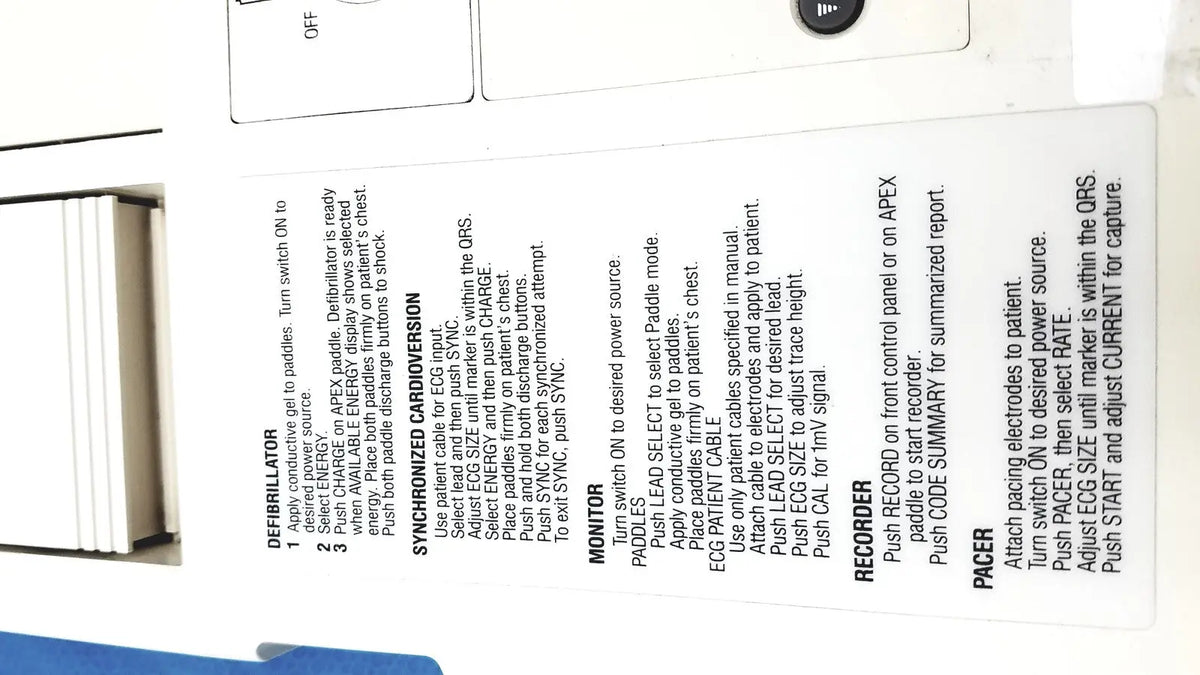 A white paper manual with black text detailing instructions for physio control lifepak 10 cardiac monitor medical equipment