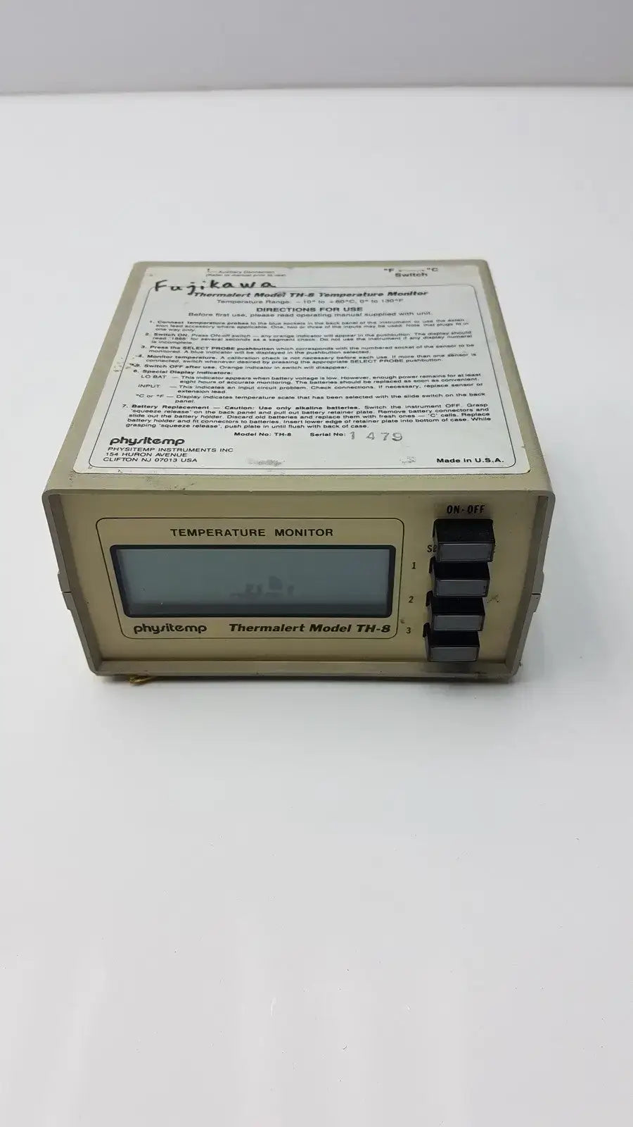 Physitemp Temperature Monitor Thermalert Model TH-8 Temperature Monitor, second-hand product photo 1